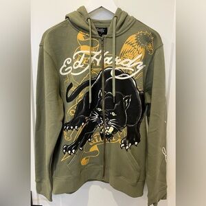 Ed Hardy Men's Crouching Panther Hoodie Jacket Olive Size S Street Wear NWT